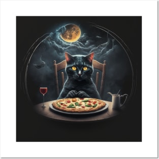 Black Cat Eating Pizza Posters and Art